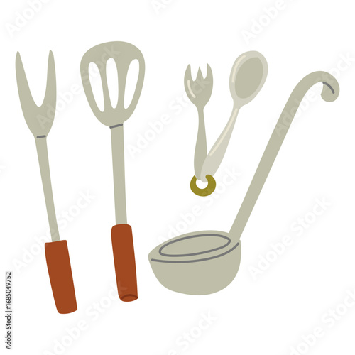Utensils for stirring dishes. Flat, isolated color illustration. Spoon, fork, ladle, spoon, and fork on a loop. Camping set. Cooking outdoors. Design for postcards. Picnics, hikes, camping