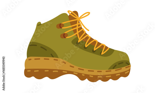 Universal lace-up shoes for off-road walking. Flat insulated color illustration. Camping item. Genuine shoes are hand-sewn, high-quality, comfortable. Design for postcards. Picnics, hikes, and camping