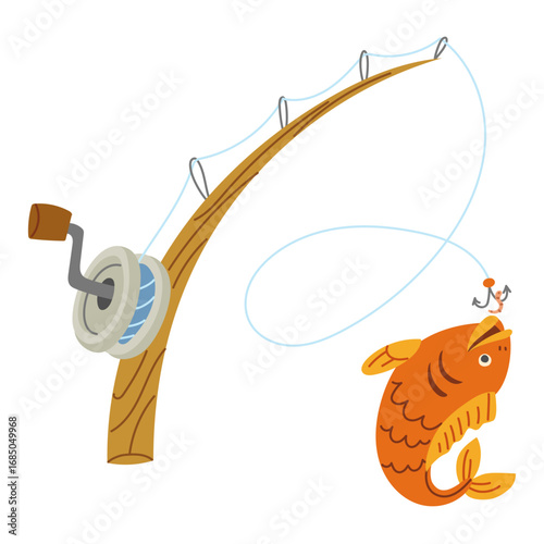 Wooden fishing rod with stretched line and fish. Flat, isolated color illustration. Camping item. Large fishing with an old fishing rod. Large fish on hook. Design postcards. Picnics, hiking, camping