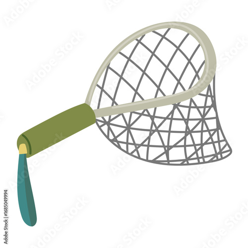 Short fish squeezer. Flat isolated color illustration. Camping item. Fishing assistant for picking up fish from the water. Metal and braided rope. Design for postcards. Picnics, hikes, camping