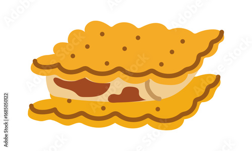 Fried marshmallow between two cookies. Flat isolated color illustration. Food on a hike. Sweet snack in nature. Fried marshmallow with shortbread cookies. Design for postcards. Picnics, hikes, camping