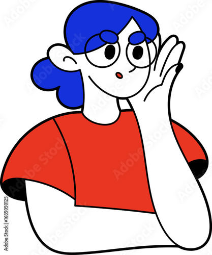 Young woman in glasses listens attentively, surprised. Character, person. Cartoon minimalist style. Flat illustration style