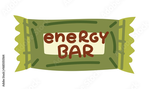 Bar in the package. Flat isolated color illustration. Food on a hike. Sweet snack in nature. Energy bar for recharging on the go. Design for postcards. Picnics, hikes, camping