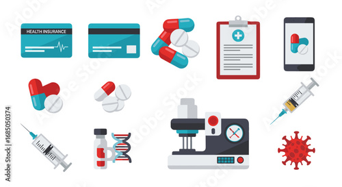 Various medical and healthcare related items on white ground