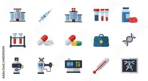 Collection of medical icons including hospital and equipment