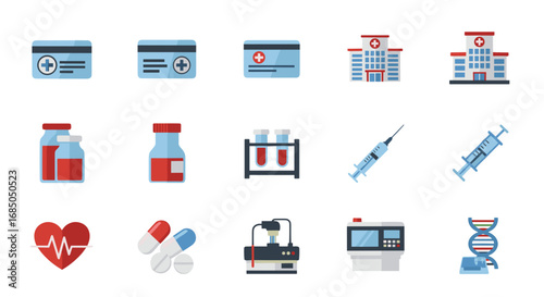 Various medical icons including buildings and medical supplies