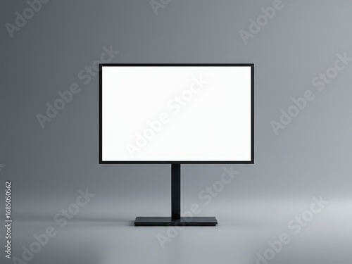 A blank white rectangular screen with a black frame stands on a matching black base, centered against a minimalist grey background.