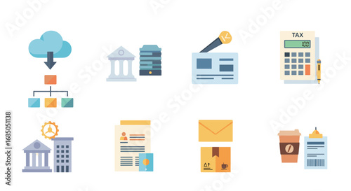 Collection of business and finance related icons on white background