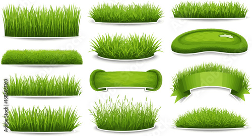  Create a kinds of deferent Green grass border set, lawn banner collection, meadow vector art with white background..