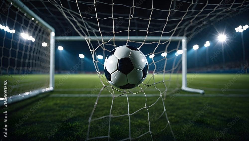 Naklejka premium Goal Triumph: A soccer ball nestled perfectly in the net, illuminated by stadium lights, symbolizing a moment of victory and skillful execution on the field.
