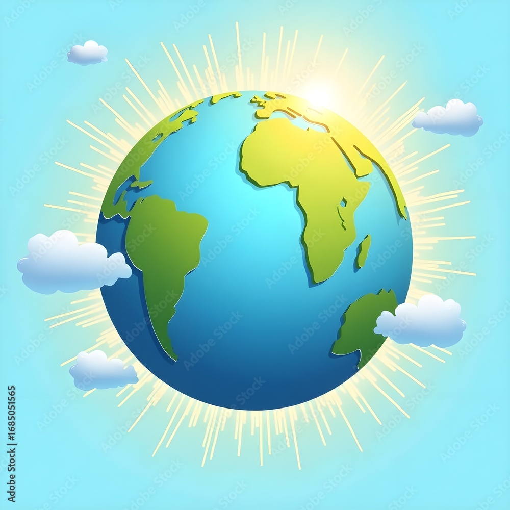 Fototapeta premium Earth and sun. A cartoon of the earth with a sun shining on it. The sun is in the middle of the image and is surrounded by clouds. The earth is shown in a blue and green color. 