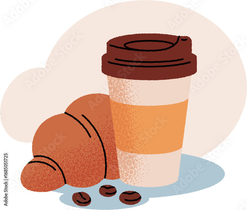 Sticker with a paper cup of coffee and a croissant. Breakfast in a cafe. Modern flat illustration. Illustration for web design and advertising.