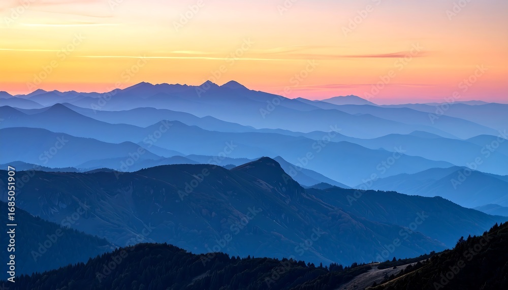 Fototapeta premium Mountain ranges at sunset, soft pastel hues