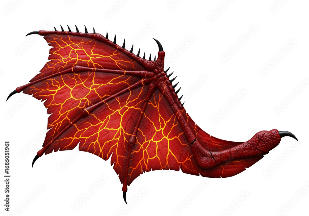 Naklejka premium A fiery, detailed dragon wing, ablaze with molten red and highlighted with streaks of fiery orange, against a stark black backdrop.