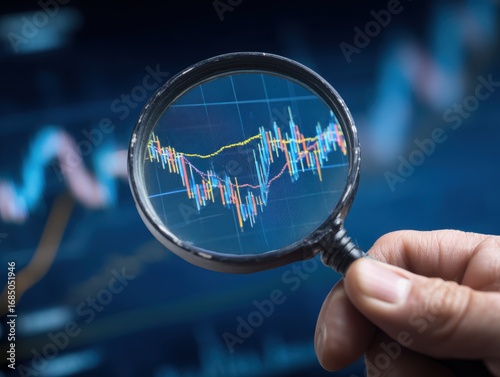 Investor analyzing chart of stock market price movements. Stock investment strategy for buying and selling opportunities. Man holding a magnifying glass and analyzing.