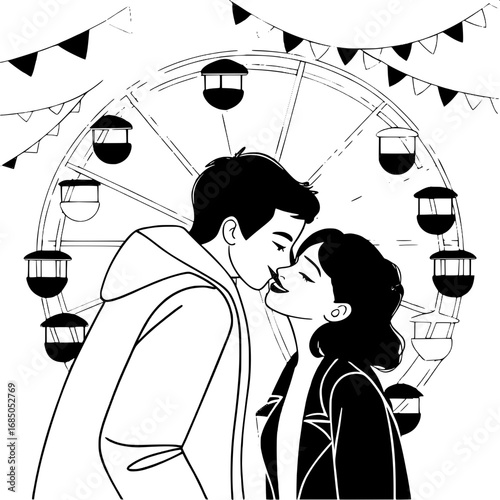 A couple kissing during a carnival, with Ferris wheel lights glowing behind them.
