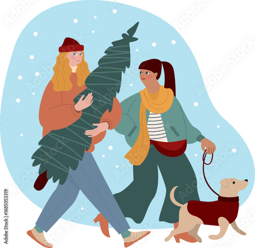 Two girls carrying Christmas tree from xmas market