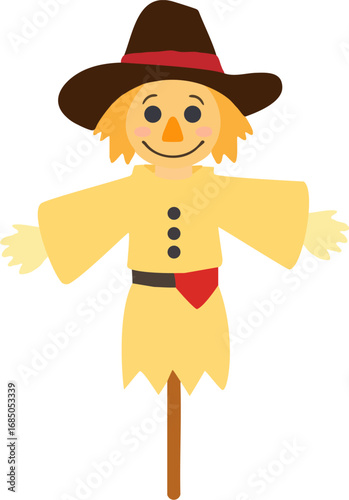 Friendly cartoon scarecrow on a post representing autumn and farming with copy space