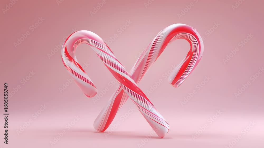 Two candy canes are standing next to each other on a pink background. The candy canes are pink and white, and they appear to be in a playful and festive mood
