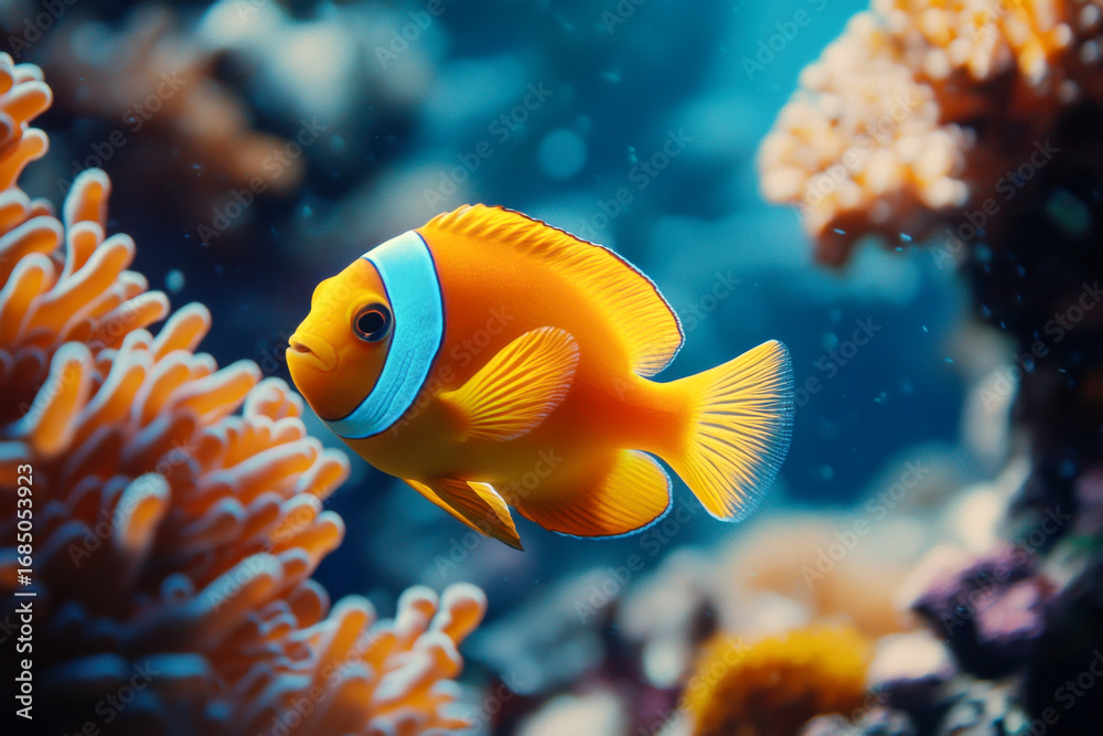 Obraz premium Bright orange clownfish swims gracefully beside vibrant coral reef in clear blue ocean water. Stunning underwater tropical marine scene.