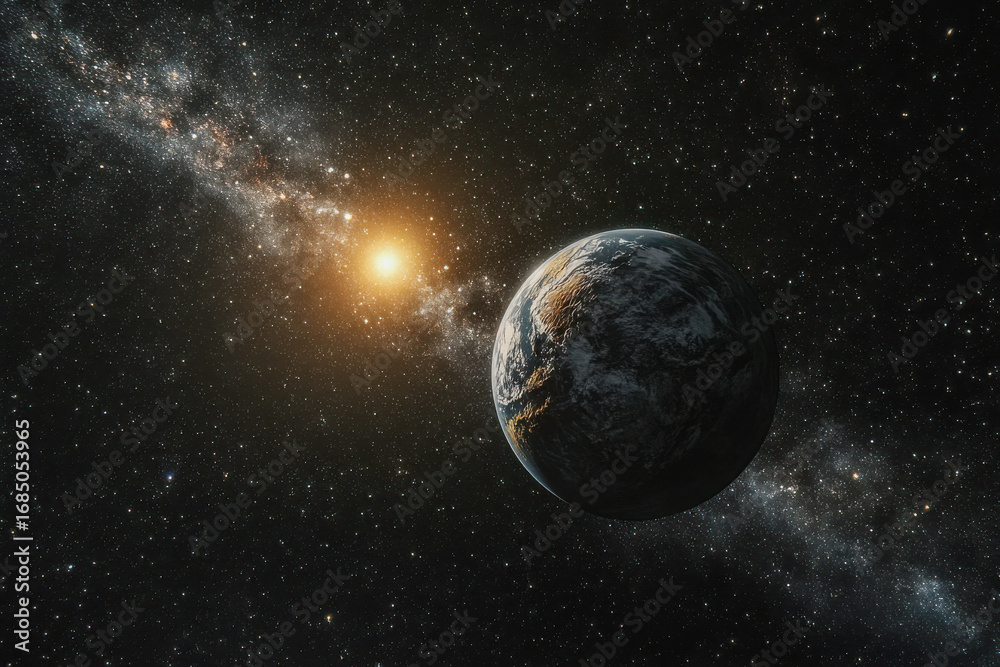 Naklejka premium Bright distant sun illuminates a textured planet in vast dark outer space. Countless shining stars and a glowing galaxy arm are visible.