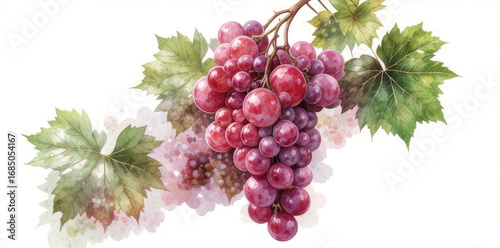 Watercolor painting of a bunch of red grapes hanging with vine leaves