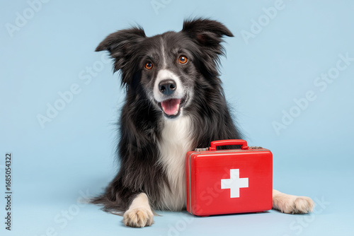 happy dog with red first aid kit on blue background, ready for emergencies. This playful canine showcases friendly demeanor, making it perfect companion for safety