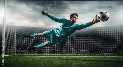 Young male goalkeeper trying to catch a soccer ball in mid-air in front of a goal net, dramatic action shot for advertising materials.
