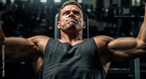 Caucasian man training with intense facial expression in a gym. Concentrated male bodybuilder lifting weights. Fitness and healthy lifestyle concept.