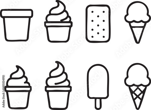 Ice cream and frozen treat icon set black and white vector illustration dessert snack summer food concept design