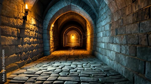 Ancient stone archway tunnel with glowing lamps lighting cobblestone path creating mysterious historic interior view