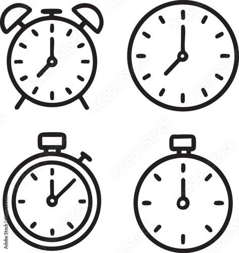 Clock and stopwatch icon set black and white vector illustration timekeeping concept for productivity, punctuality, and design