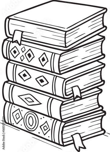 Stack of ornate books with bookmarks black and white vector illustration vintage literature fantasy knowledge concept design