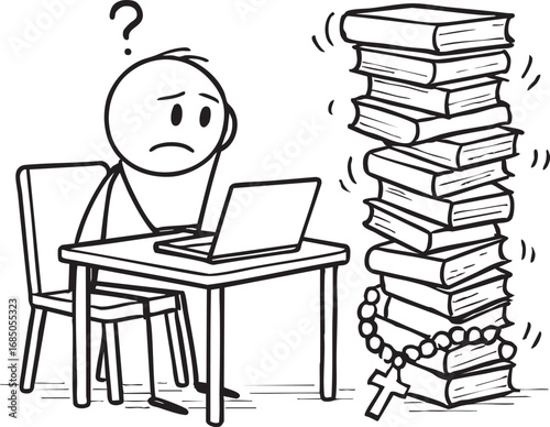 Confused student with laptop and towering book stack with rosary black and white vector illustration study stress concept