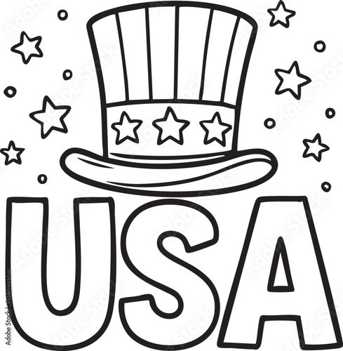 USA patriotic top hat with stars black and white vector illustration Independence Day American symbol celebration concept