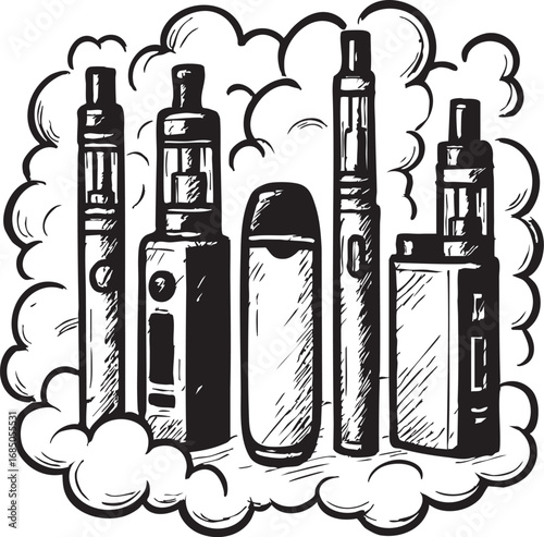 Vaping device icon set with vapor clouds black and white vector illustration modern e-cigarette technology concept design