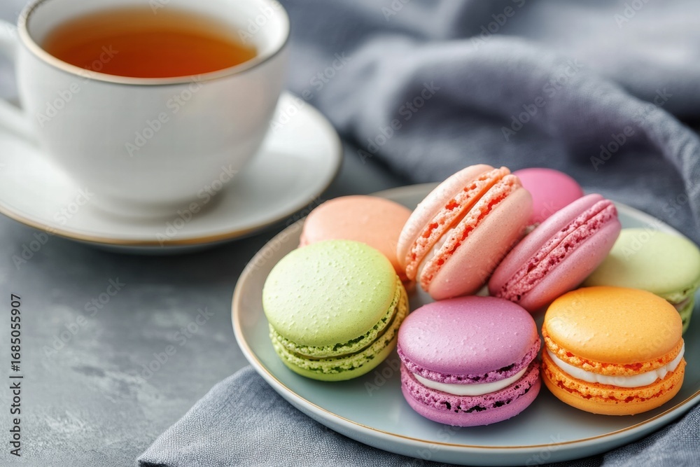 Obraz premium Plate with macarons and cup of tea
