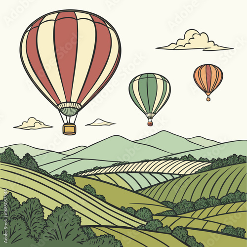 Colorful hot air balloons float over rolling green hills and cultivated fields in a vintage style illustration