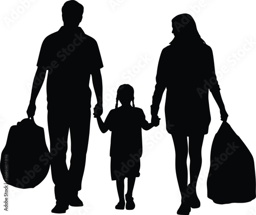 Family silhouette walking together carrying luggage on a journey