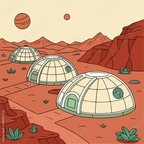 Futuristic dome habitats on a red alien planet with two moons in the sky