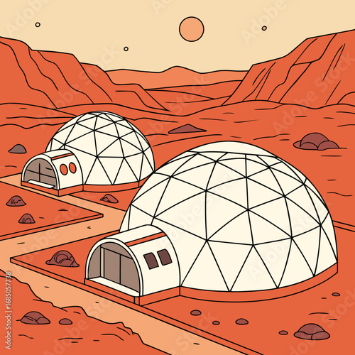 Martian landscape with geodesic domes and rocky terrain under a pale orange sky