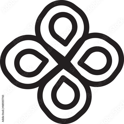 Abstract black and white geometric symbol with four teardrop shapes arranged in a clover-like pattern connected by intersecting lines style vector illustration EPS file download	