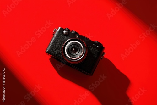 Stylish black camera on vibrant red background with strong shadow in modern minimalist photography concept