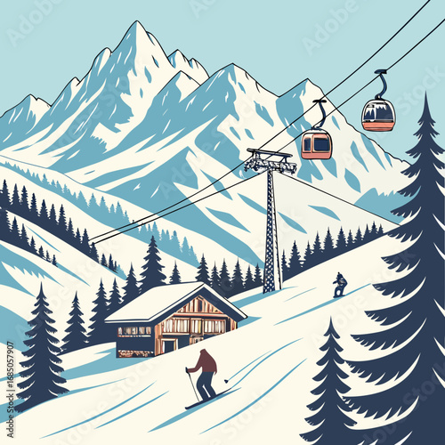 Ski resort with cable cars skiers and a wooden cabin nestled in snowy mountains