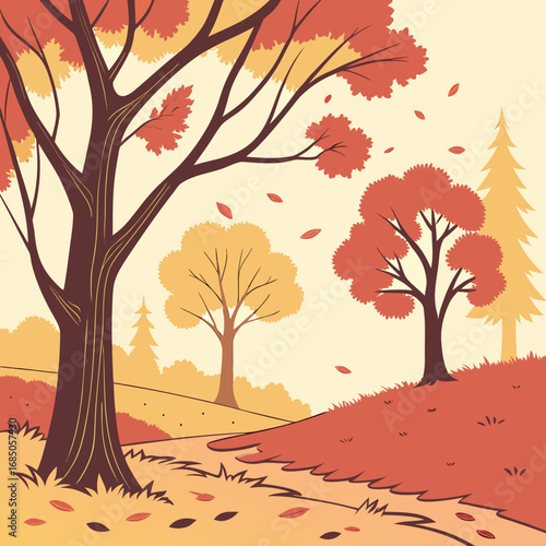 Stylized autumn forest landscape with colorful trees and falling leaves