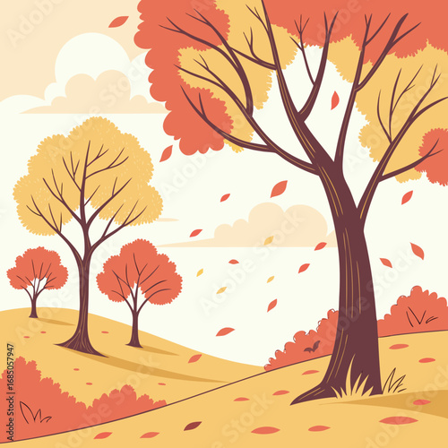 Stylized autumn landscape with falling leaves and colorful trees under a cloudy sky