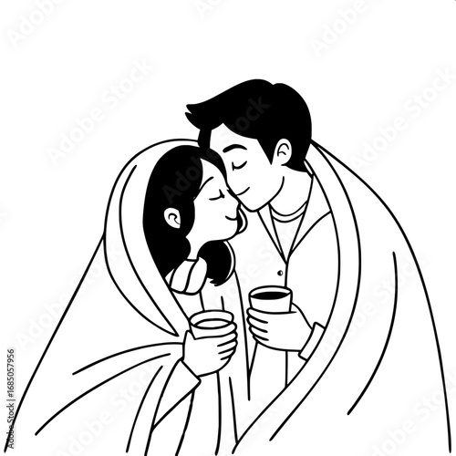 Snow falling softly as a couple kisses under a warm blanket, holding mugs of hot cocoa.