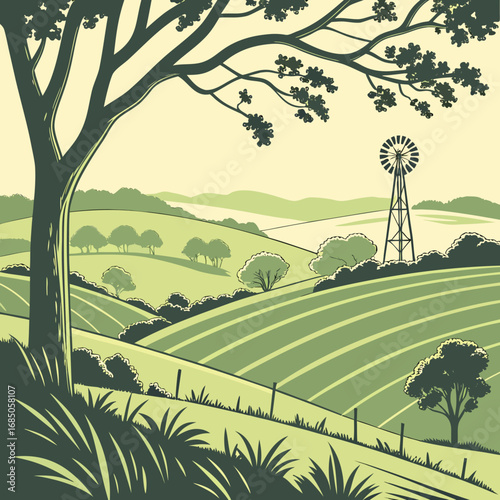 Stylized illustration of rolling green farmland with a vintage windmill and a large tree
