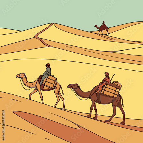 Two bedouin travelers riding camels across a vast desert landscape with sand dunes