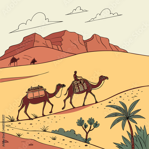 Two camels with riders trek across a desert landscape with mountains and palm trees